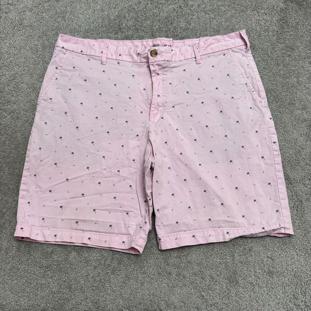 IZOD Advantage Performance Chino Shorts Mens 40 Pink Palm Tree Anchor Stretch